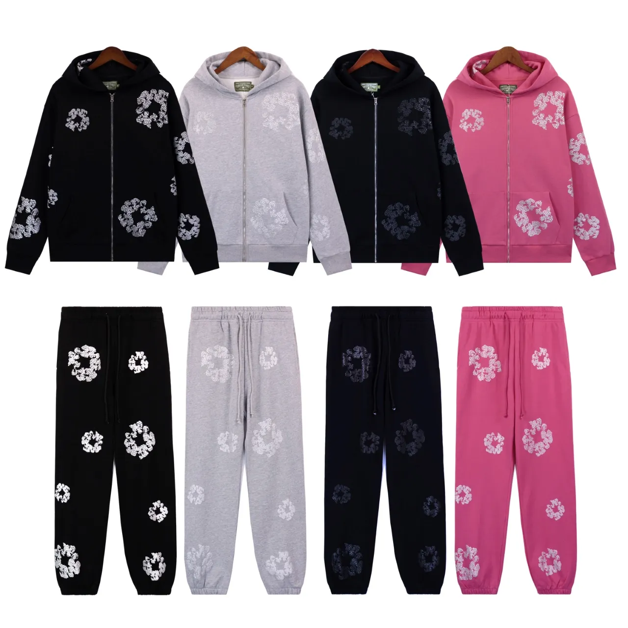 Jacket 105 Trousers 88 Real stock DENIM TEARS main line Kapok sweatshirt cashmere Swarovski cotton ring trousers Color: black silver black black pink gray Size: S M L Pink Gray Size: S M L XL